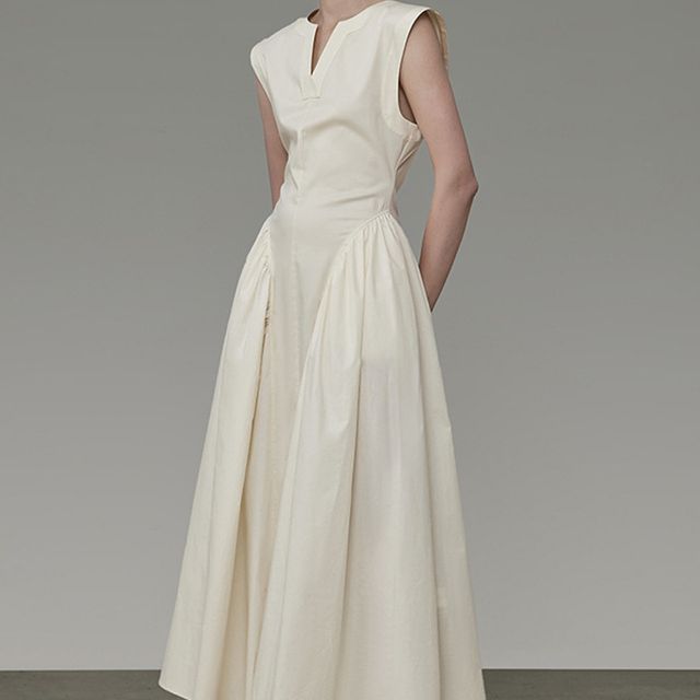 Sleeveless Notch Neck Plain Midi A-Line Dress