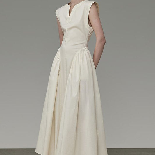 Sleeveless Notch Neck Plain Midi A-Line Dress