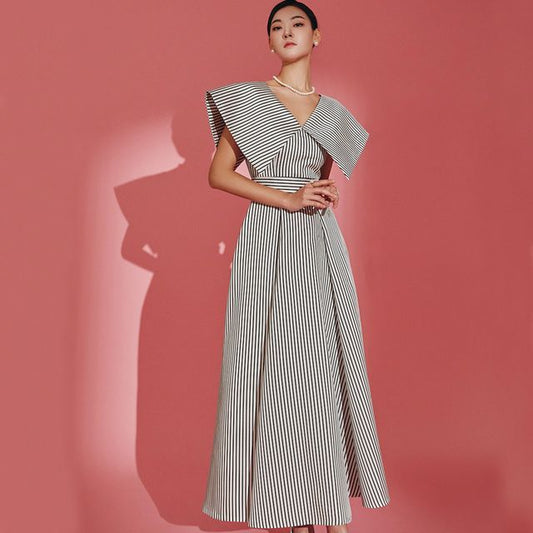 Short-Sleeve V-Neck Striped Maxi A-Line Dress