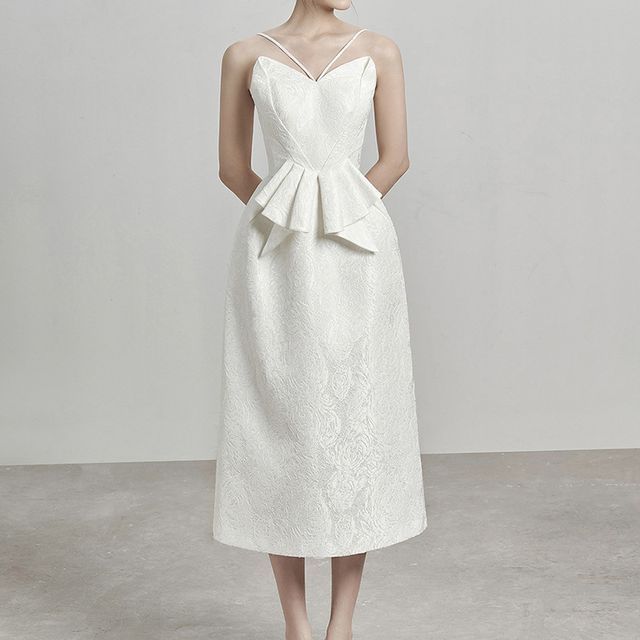 Spaghetti Strap Plain Ruffle Midi Sheath Dress