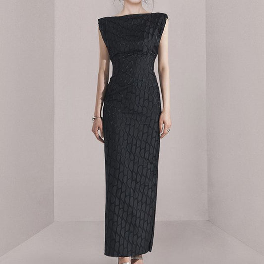 Sleeveless Boat Neck Patterned Side-Slit Maxi Sheath Dress