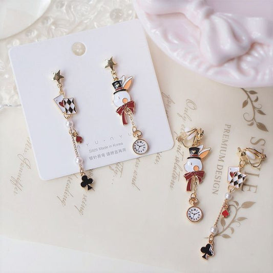 Poker Earring Clip Enamel Asymmetrical Drop / On Rabbit