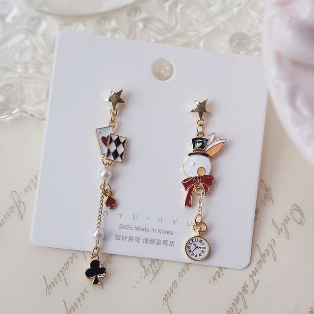 Poker Earring Clip Enamel Asymmetrical Drop / On Rabbit