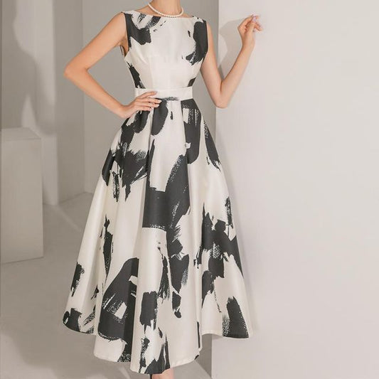 Sleeveless Boat Neck Graphic Print Midi A-Line Dress