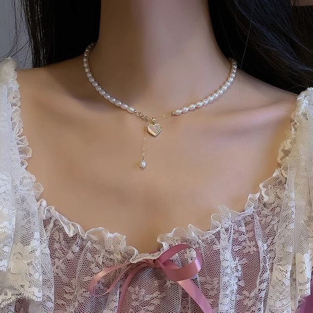 Choker Pendant Pearl Faux Shell Heart