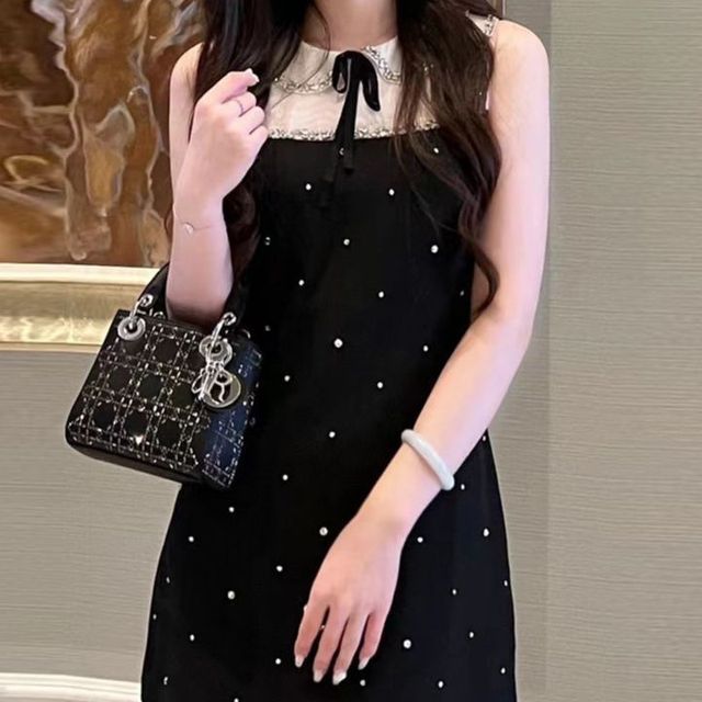 Sleeveless Collar Two Tone Bow Rhinestone Mini A-Line Dress