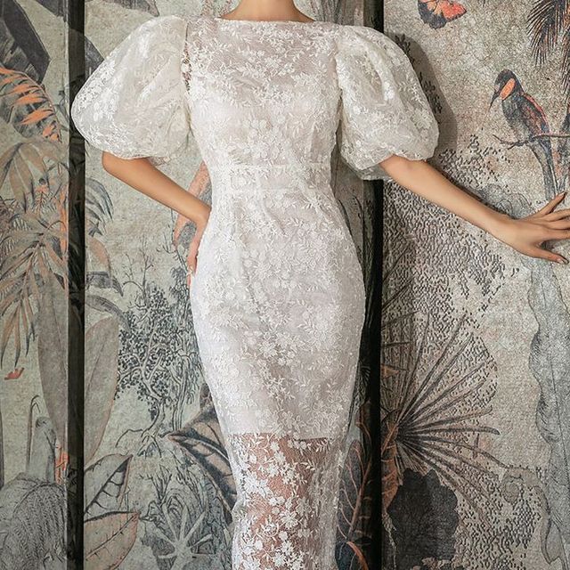 Puff-Sleeve Boat Neck Lace Midi Sheath Dress