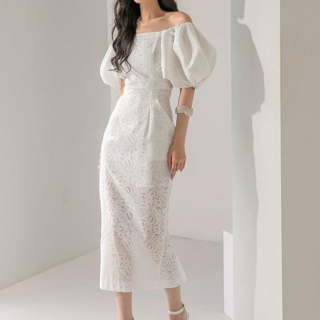 Puff Sleeve Off Shoulder Plain Lace Midi Sheath Dress
