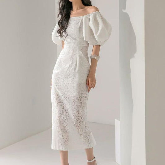 Puff Sleeve Off Shoulder Plain Lace Midi Sheath Dress