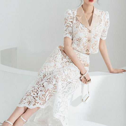 Set: Short-Sleeve Lapel Collar Button Shirt + Mid Rise Lace Midi A-Line Skirt