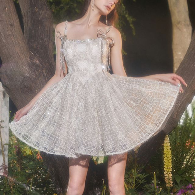 Spaghetti Strap Embroidered Glitter Mini A-Line Party Dress