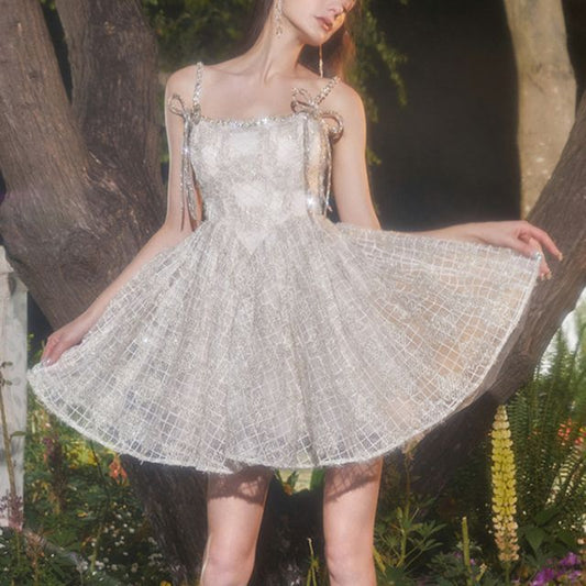 Spaghetti Strap Embroidered Glitter Mini A-Line Party Dress