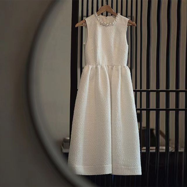 Sleeveless Crew Neck Faux Pearl  Plain Midi A-Line Dress