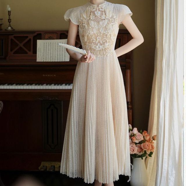 Cap-Sleeve Butterfly Embroidered Lace Midi A-Line Dress