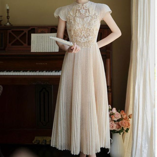 Cap-Sleeve Butterfly Embroidered Lace Midi A-Line Dress