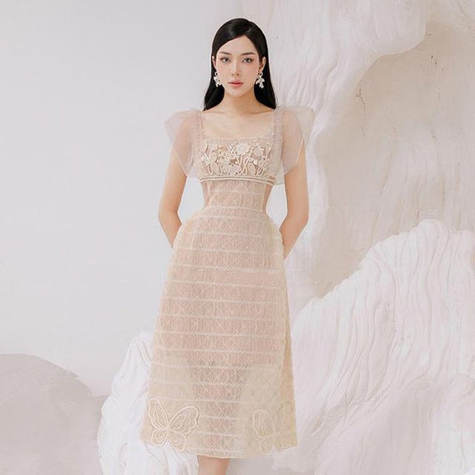 Sleeveless Square Neck  Lace Trim Midi A-Line Dress