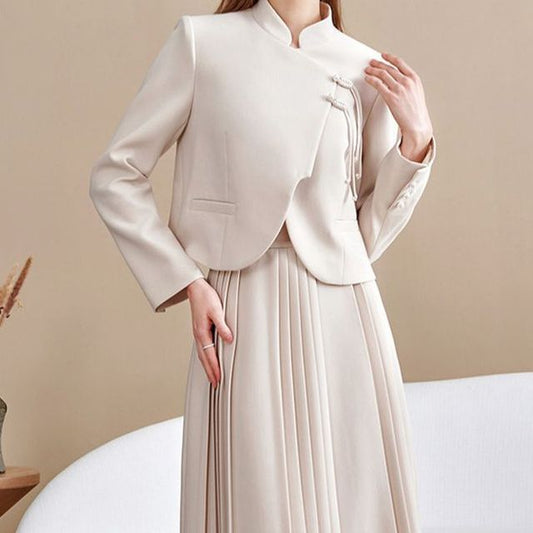 Set: Band Collar Plain Jacket + Mid Rise Plain Midi Pleated Skirt