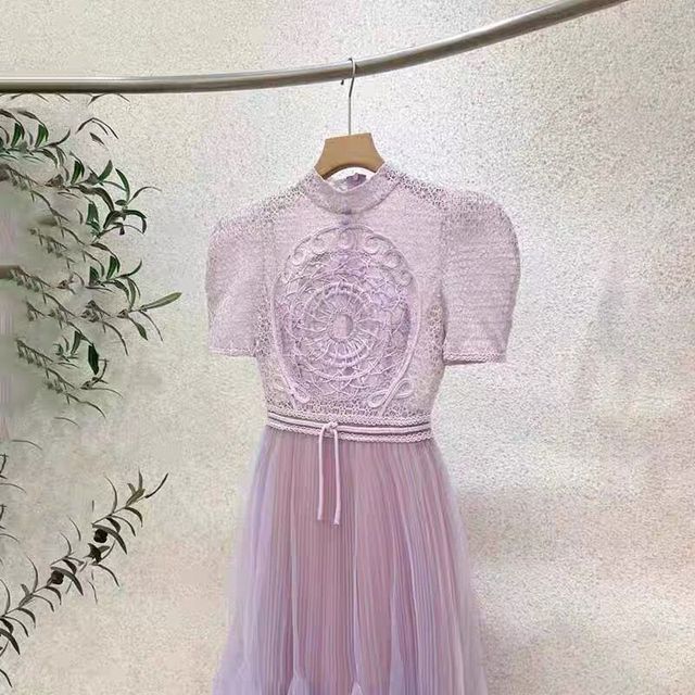 Short-Sleeve Mock Neck Embroidered Maxi A-Line Dress