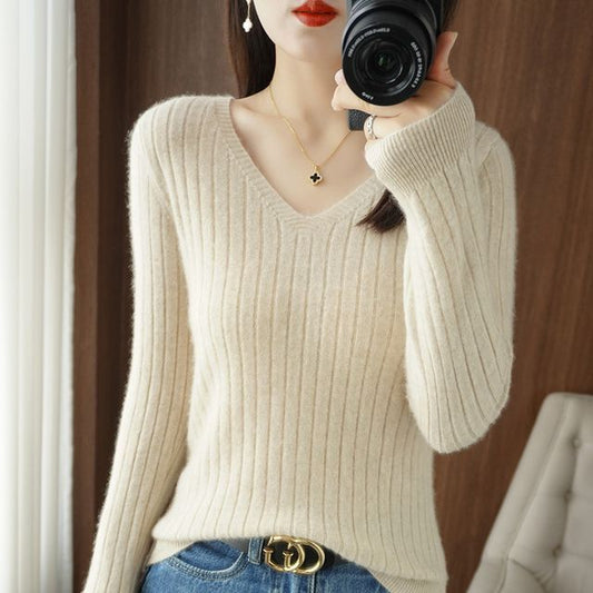 Long-Sleeve V-Neck Plain Ribbed Knit Top