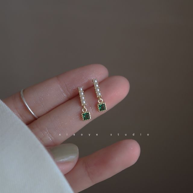 Rhinestone Pearl Earring Drop Alloy Faux Square