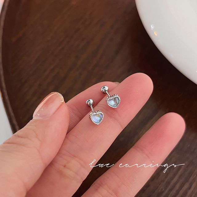 Silver Heart Moonstone Sterling Earring Barbell