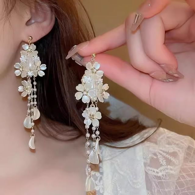 Alloy Earring Faux Pearl Floral Chandelier