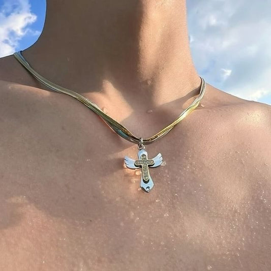 Layered Alloy Necklace Cross Pendant