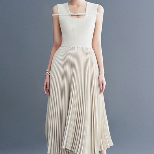 Sleeveless Square-Neck Plain Accordion Pleat Midi A-Line Dress