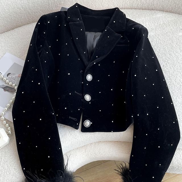 Long-Sleeve V-Neck Fluffy Trim Rhinestone Faux Pearl Buttoned Velvet Blouse