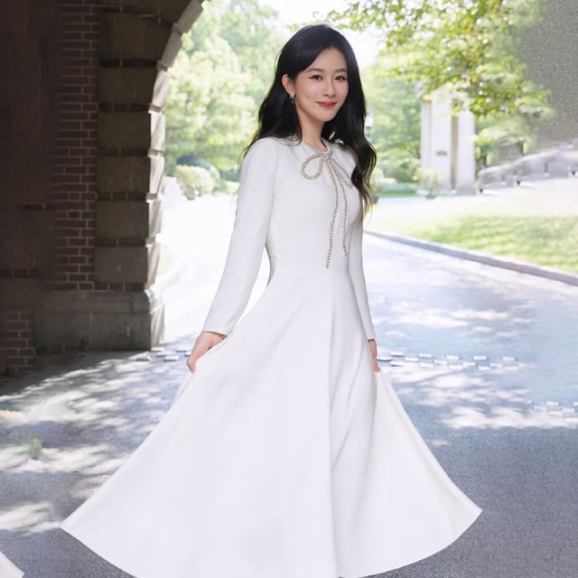 Long-Sleeve Plain Rhinestone Bow Midi A-Line Dress