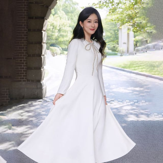 Long-Sleeve Plain Rhinestone Bow Midi A-Line Dress