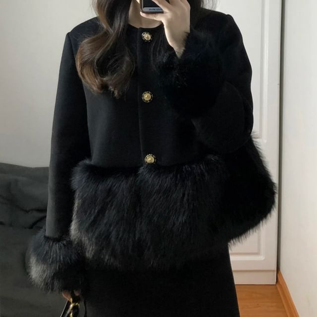 Set: Plain Fluffy Trim Single-Breasted Jacket + High Waist Mini Pencil Skirt