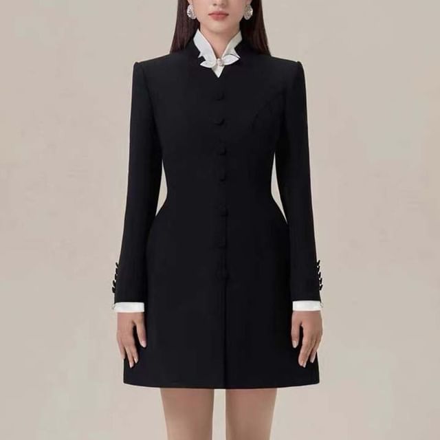 Long-sleeve Plain Contrast Trim Mini A-Line Dress