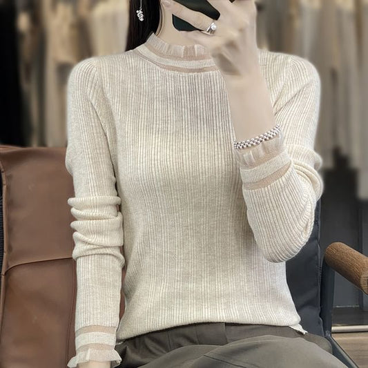 Long-Sleeve Mock Neck Plain Lace Trim Knit Top