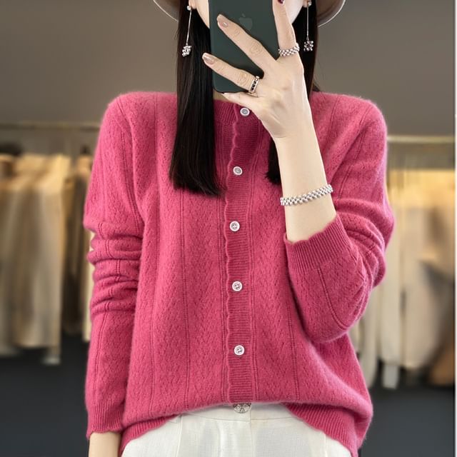 Crew Neck Plain Pointelle Knit Cardigan