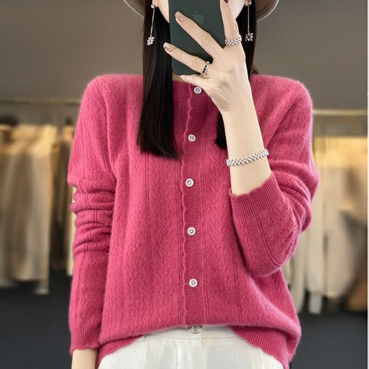 Crew Neck Plain Pointelle Knit Cardigan