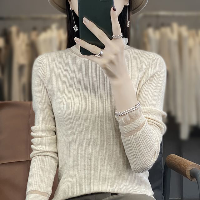 Long-Sleeve Mock Neck Plain Lace Trim Knit Top