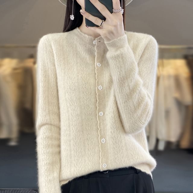 Crew Neck Plain Pointelle Knit Cardigan