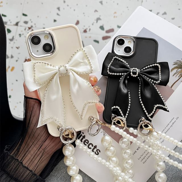 Case Lanyard Phone Bow Pearl Faux