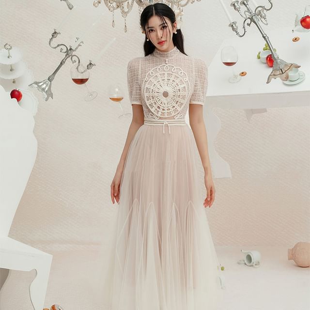 Short-Sleeve High Neck Crochet Lace Panel Midi A-Line Mesh Dress