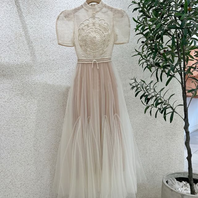 Short-Sleeve High Neck Crochet Lace Panel Midi A-Line Mesh Dress