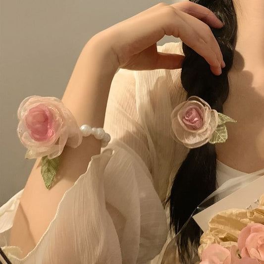 Faux Hair Scrunchie Tie Mesh Pearl Clip Designs) (Various Rose /