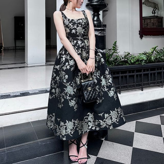 Wide Strap Floral Print Midi A-Line Dress