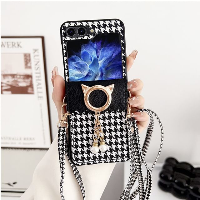 Houndstooth Case Pearl Phone Lanyard Faux Cat