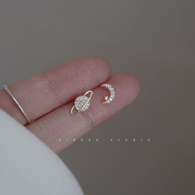 Sterling Silver Stud Moon Rhinestone Earring Asymmetrical