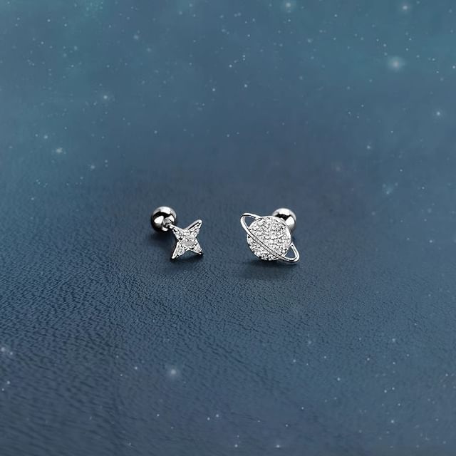 Rhinestone Earring Silver Star Sterling Barbell Asymmetrical