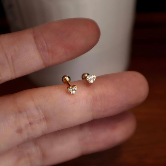 Silver Barbell Rhinestone Sterling Heart Earring