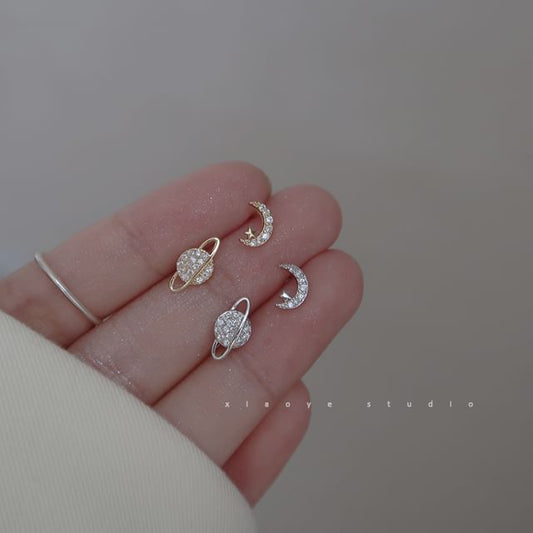 Sterling Silver Stud Moon Rhinestone Earring Asymmetrical