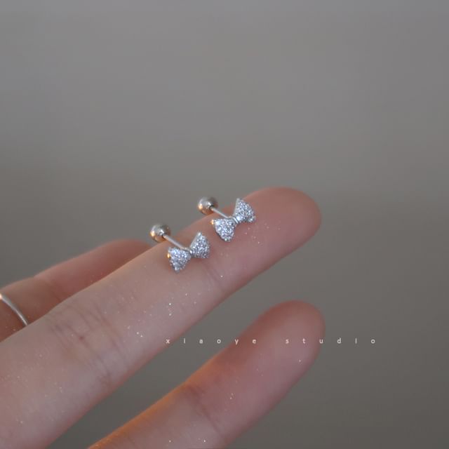 Sterling Barbell Bow Earring Silver Rhinestone