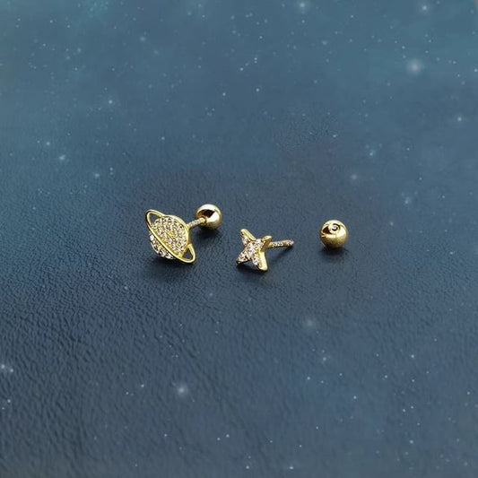 Rhinestone Earring Silver Star Sterling Barbell Asymmetrical